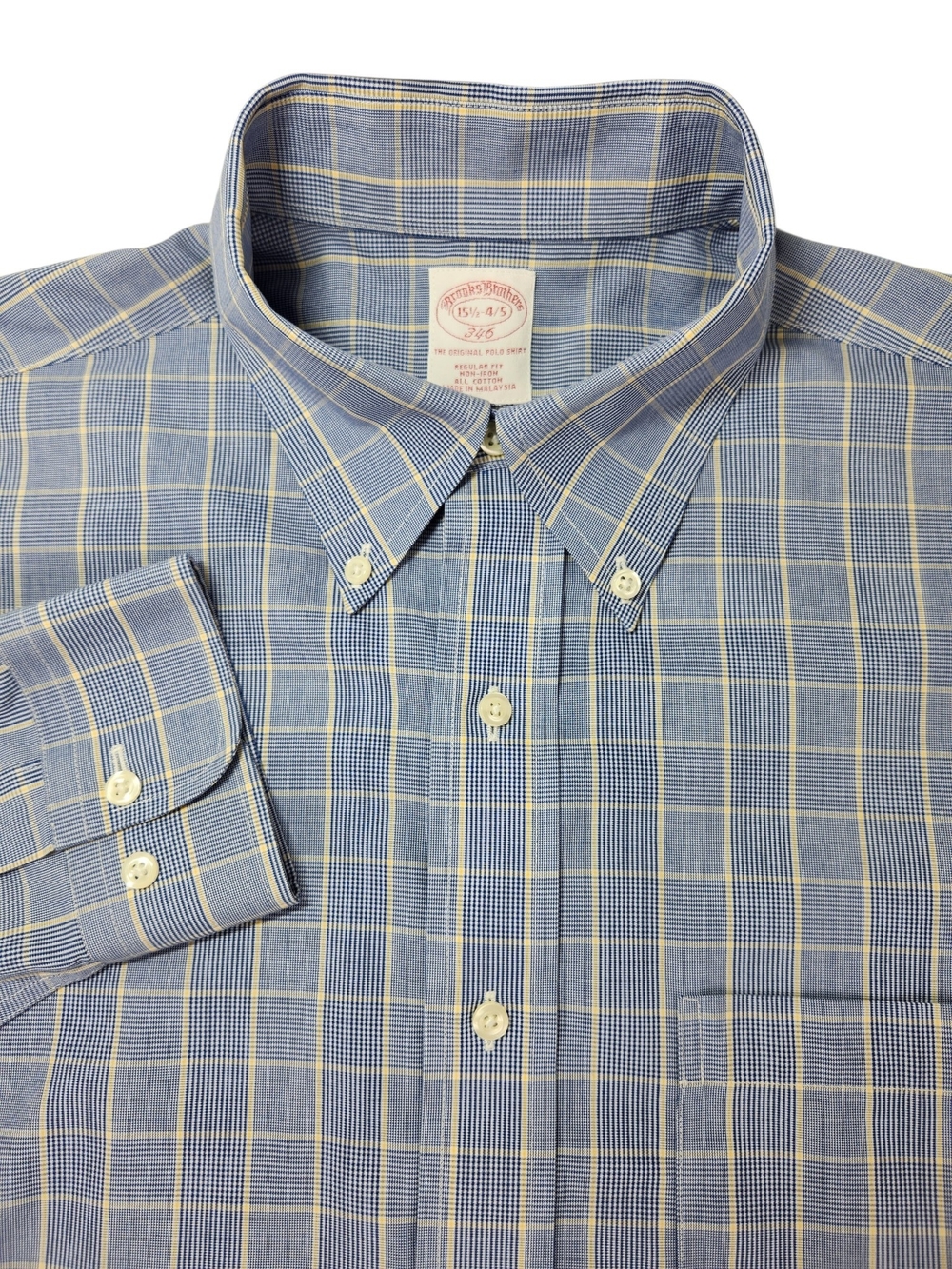 Brooks Brothers 346 Mens 15 1/2 34/35 Plaid Button Down Shirt Blue Yellow